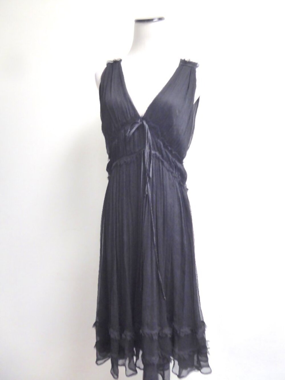 Zara black silk sheer goddess v neck v back ribbon ties midi dress L party
